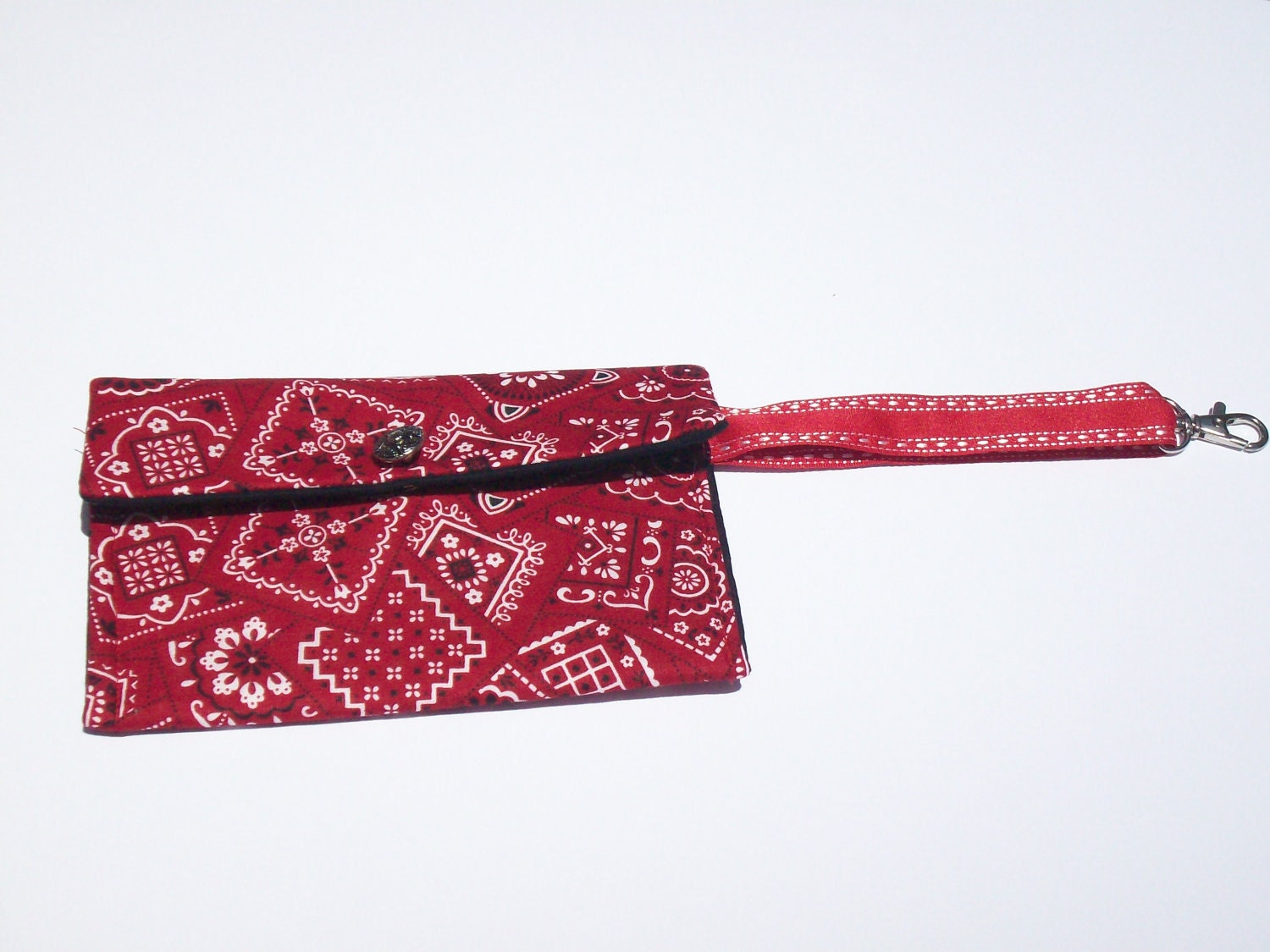 State Fair Style Red Bandana Wristlet/Envelope Wallet with Swivel Clip