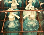 Shabby chic decor still life teal color flea market find vintage green glass bottles fine art photography - Wasser Mit Gas 8x8