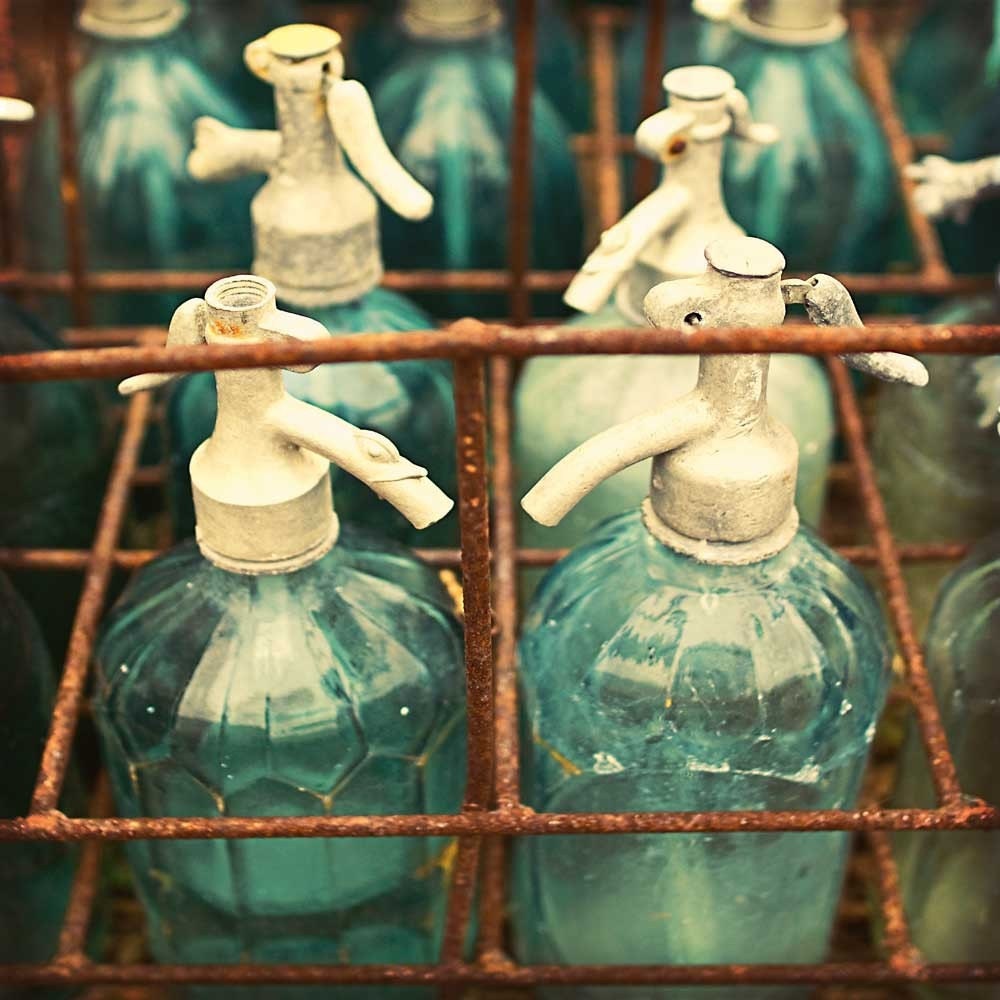 Vintage photography, shabby chic decor flea market find vintage green glass bottles fine art photography - Wasser Mit Gas SALE 20x20