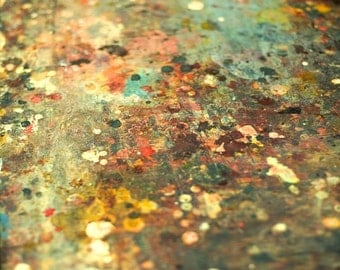 Modern home decor - still life photography - teal turquoise mustard yellow abstract paint splatter artist's table fine art photograph 16x16