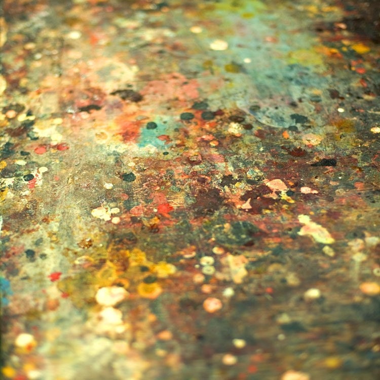 Modern home decor - still life photography - teal turquoise mustard yellow abstract paint splatter artist's table fine art photograph 16x16