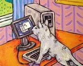 Grey Cat Working on the Computer Cat Art Tile Coaster Gift JSCHMETZ MODERN abstract folk pop art AMERICAN art