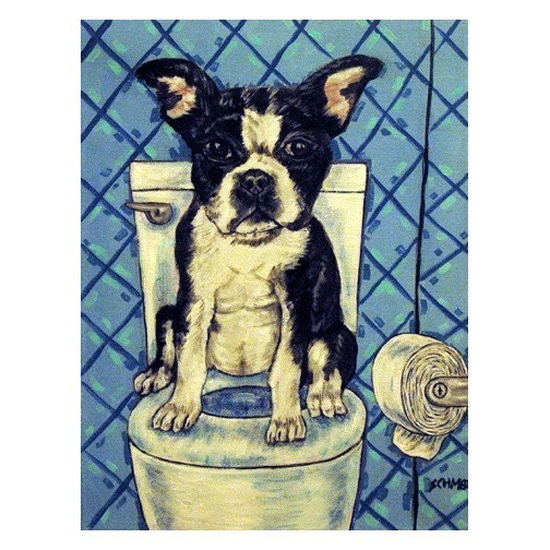 Boston Terrier in the Bathroom Dog Art Print Gift