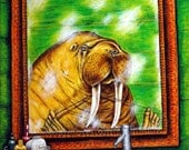 Walrus Flossing Tusks Animal Art Print 8x10