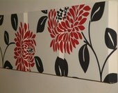 Handmade Set Of 3 Contemporary Modern Designer Retro Print Design Very Funky Cream Red Flower Black Wall Hanging Canvases Wall Art. 