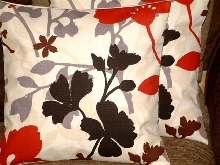 2 New 18 inch Handmade Cotton Modern Contemporary Red Black Brown Designer Retro Funky Cushion Covers, Pillow Cases, Pillow Covers, Pillows
