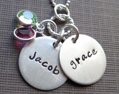 Hand Stamped Birthstone Necklace - Mommy Necklaces -  Personalized Two Charm sterling silver / Keepsake necklace with Birthstones (NN007)