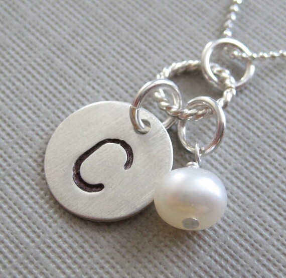 Initial Charm Necklace - Hand Stamped Jewelry - Sterling Silver Necklace with a Freshwater Pearl or a Birthstone