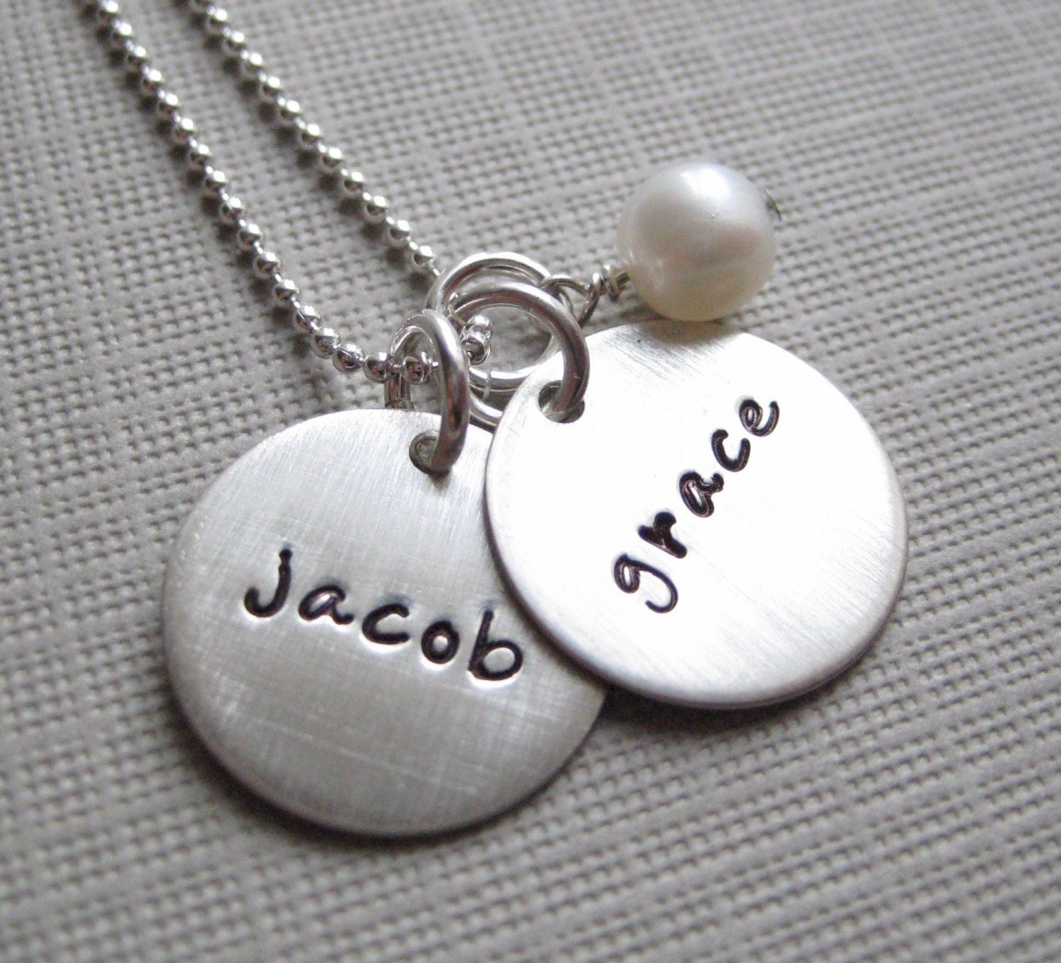 Hand stamped Mommy Necklace- TWO NAME Charm - personalized sterling silver / Keepsake necklace with a Freshwater pearl