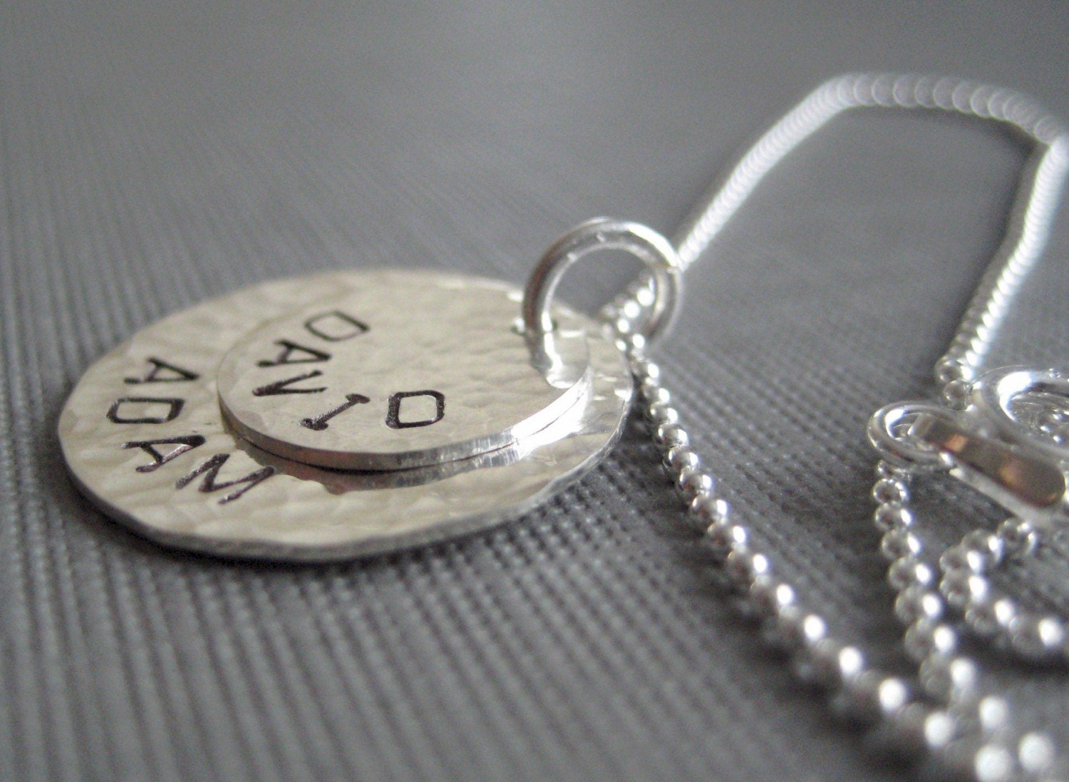TWO NAMES Round pendants - Hand stamped sterling silver / Personalized keepsake necklace