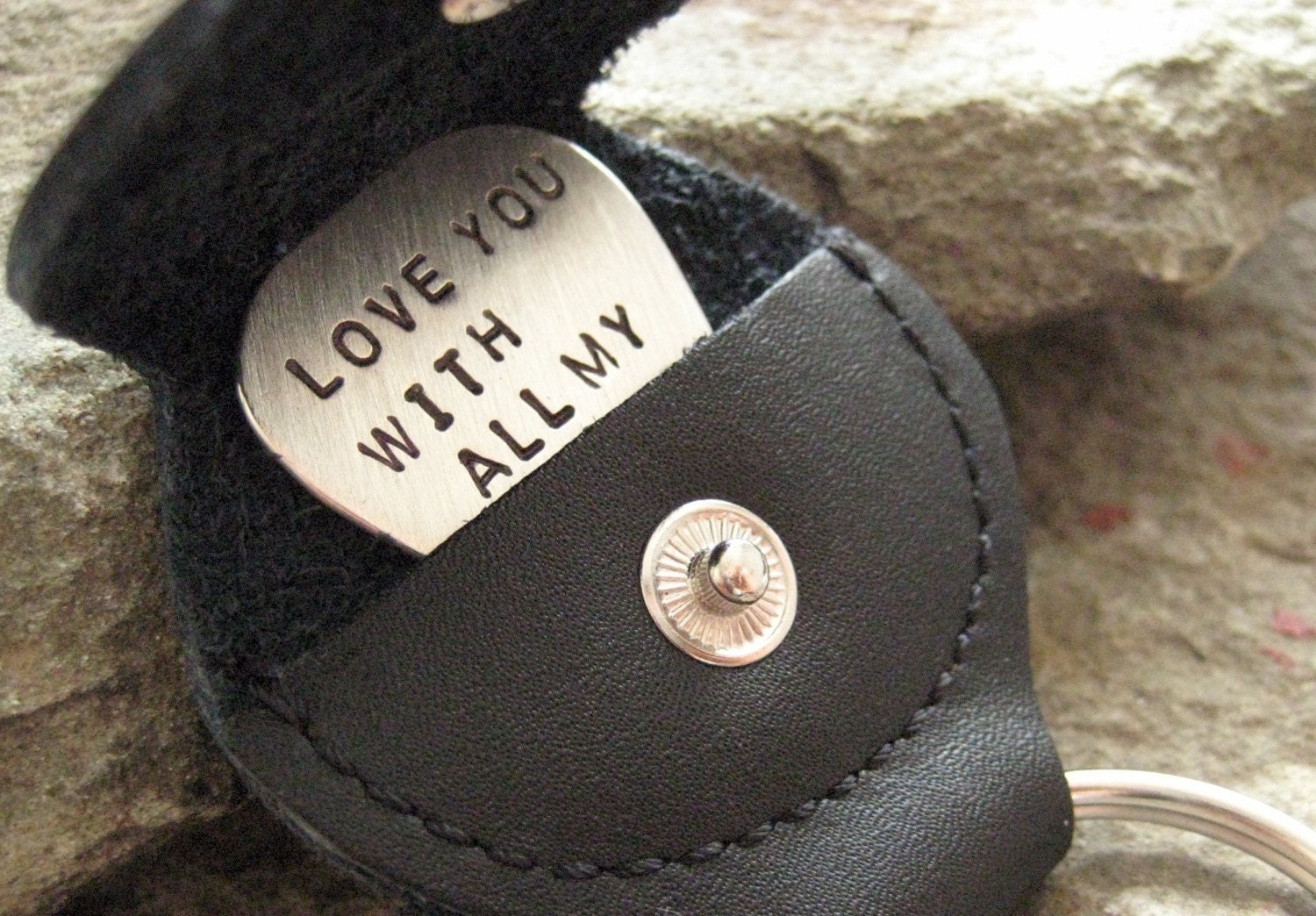 Personalized Sterling Silver Guitar Pick - with Leather key chain - Heavy Thickness, Stamp on One Side