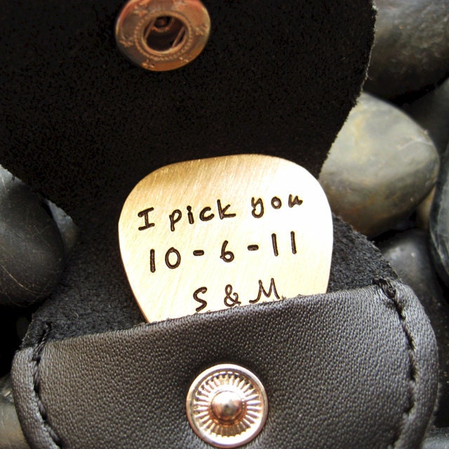 Personalized Brass Guitar Pick with leather key chain-  Single sided (GP012)