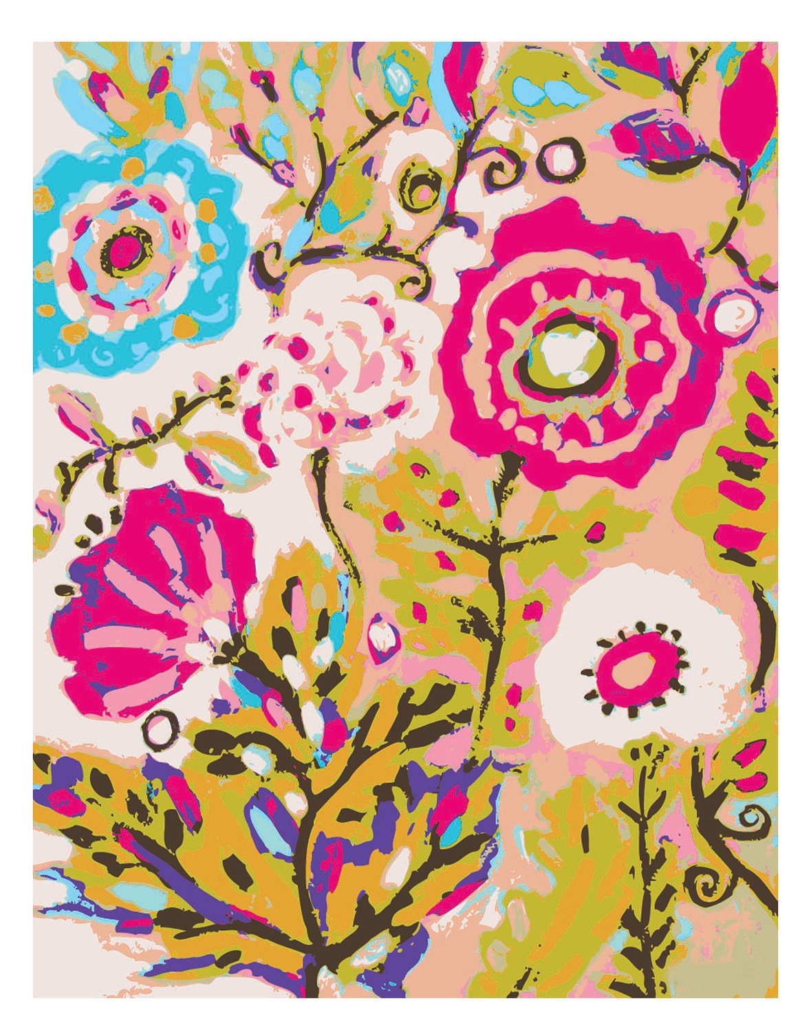 Pink Flowers Bohemian Print by Karen Fields 13 x 19