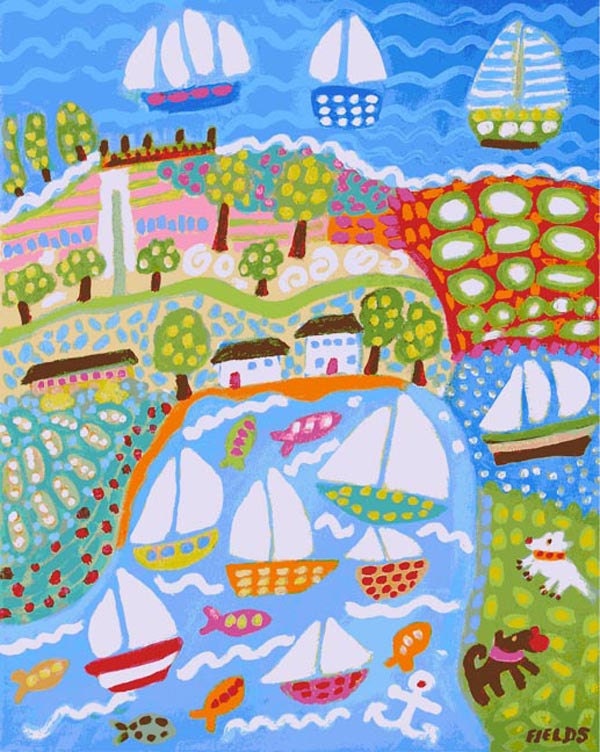 Baby Boy Nursery Art Sailboat Harbor  - Print by Karen Fields 11 x 14