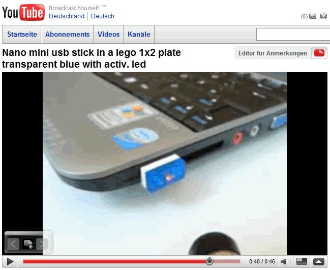 1GB Nano USB Stick in a 1x2 Lego Plate many colours available