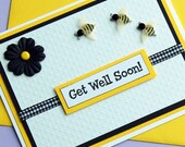Get Well with bumble bees in bright yellow and black handmade greeting card