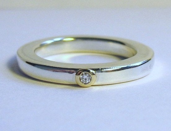 Square Silver Band Ring With Gold Setting
