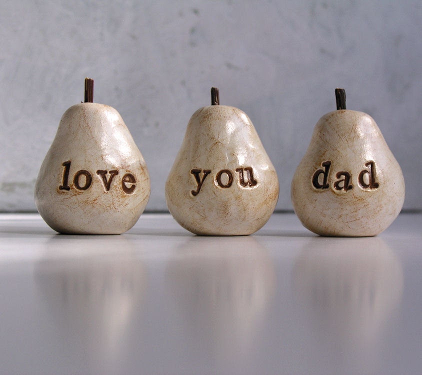 Fathers Day gift for dad ... love you dad ...Three handmade decorative polymer clay pears ... 3 Word Pears, white
