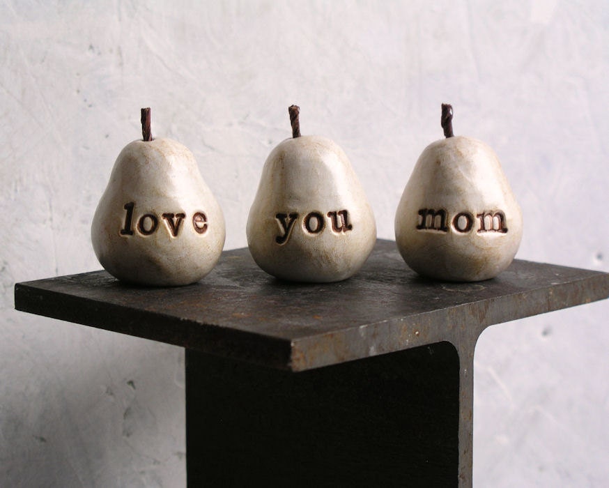 Mothers Day gift for your mom ... love you mom ...Three handmade polymer clay pears ... 3 Word Pears, white