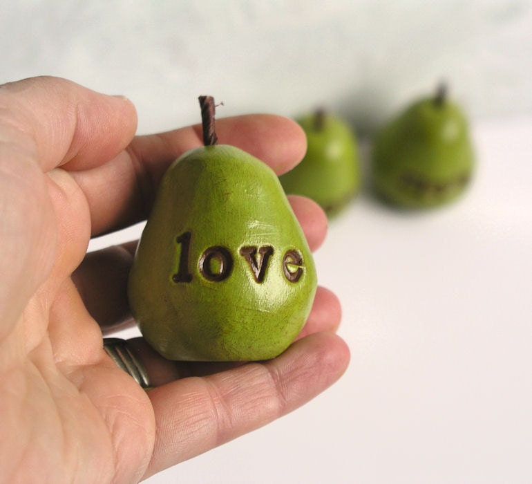 Mothers Day gift  for mom ... love you mom ...Three handmade decorative polymer clay pears ... green