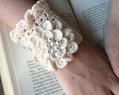 Cuff Elegant Silk Flower Faux Pearls Wedding Ecru Hand Crochet
