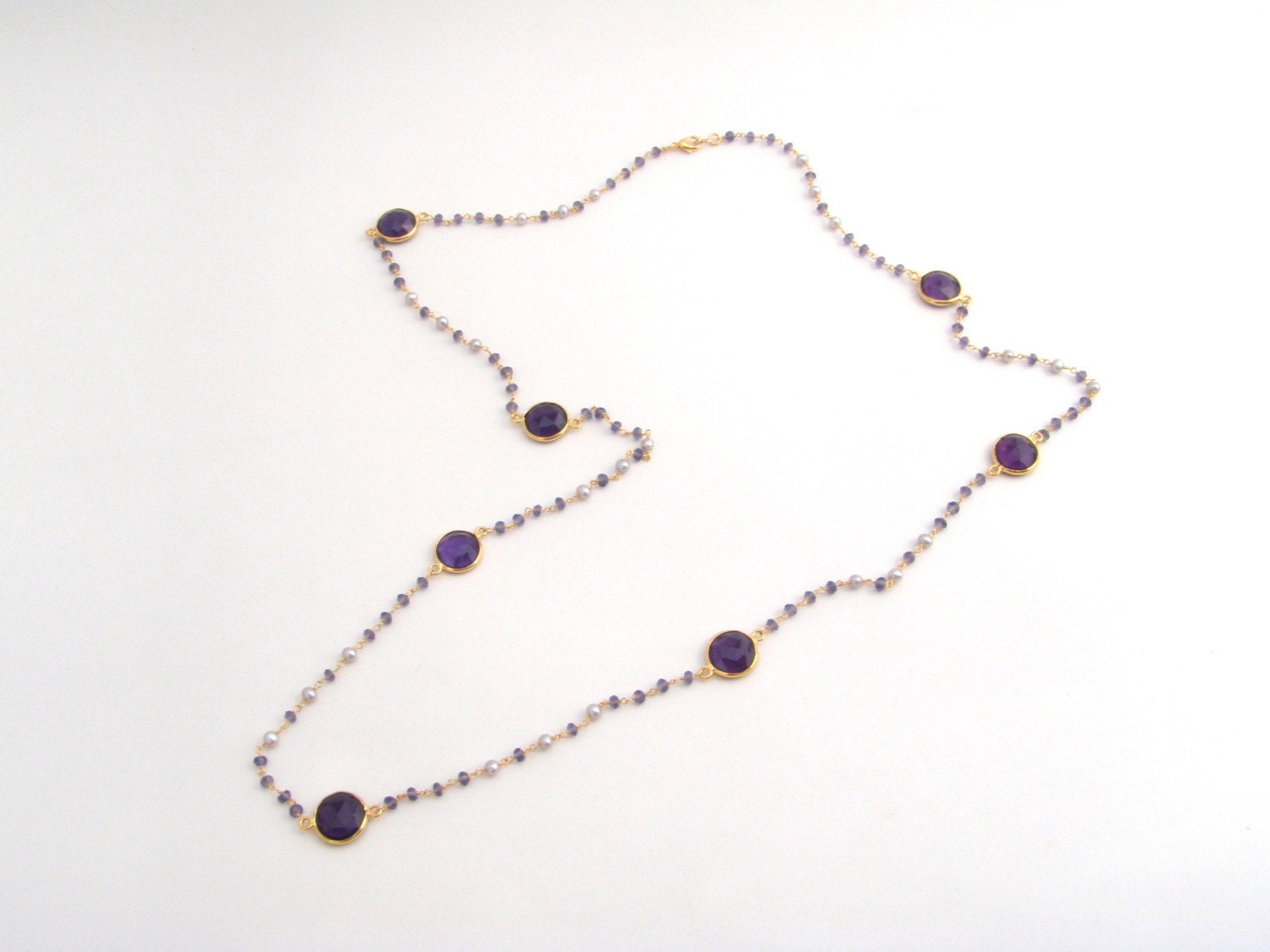 Amethyst And Pearl Rosary Necklace Set - 33 Inches - Purple - White - Gold - Long Necklace