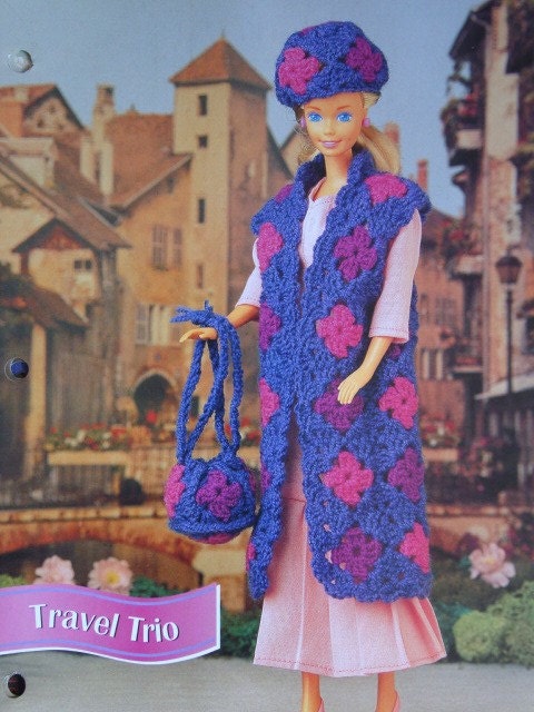 Travel Trio Long Vest, Beret Hat and Purse Crochet Pattern for 11 1/2 inch Fashion Dolls like Barbie