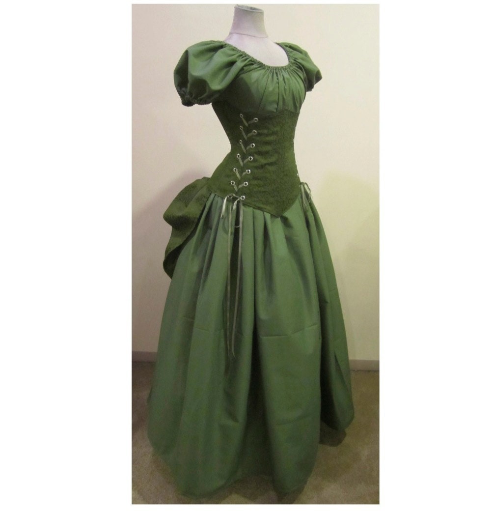 Lady Ophelia - Custom Size - Olive Brocade Corset, Puff Sleeve Top, Skirt, and Add-A-Bustle by LoriAnn