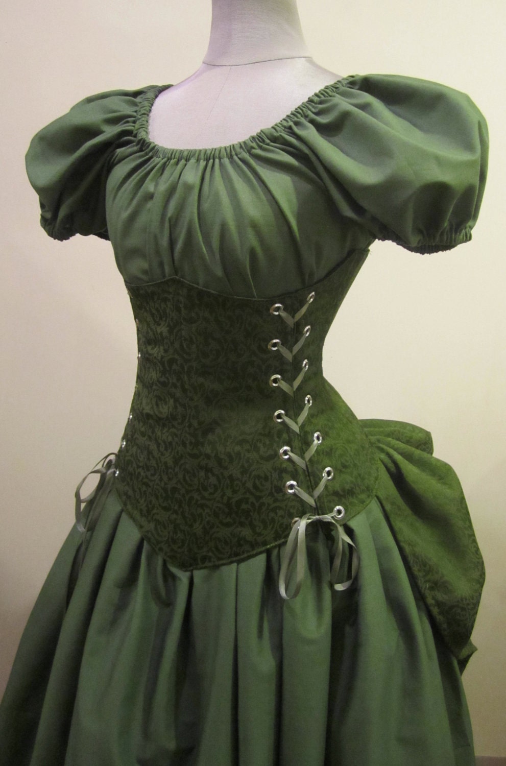Lady Ophelia - Custom Size - Olive Brocade Corset, Puff Sleeve Top, Skirt, and Add-A-Bustle by LoriAnn