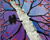 Original Modern Textured Palette Knife Painting Mosaic sky & love birds on birch Tree