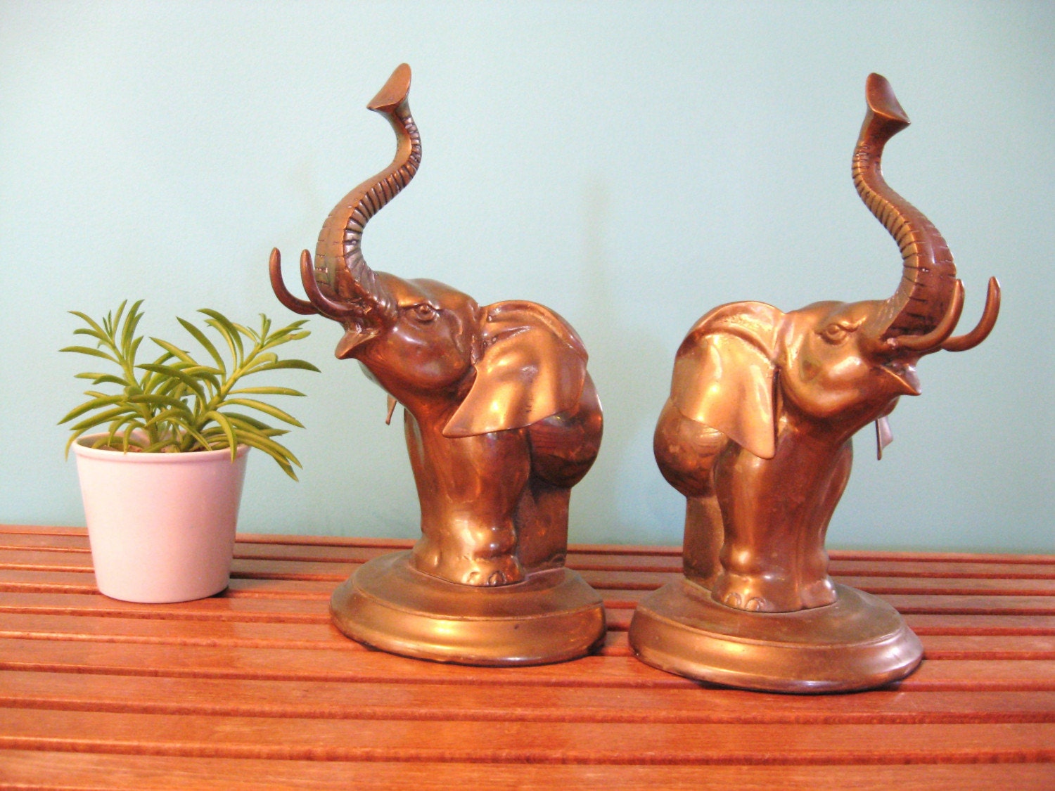 60s Pair of Antiqued BRASS Raised Trunk ELEPHANT BOOKENDS