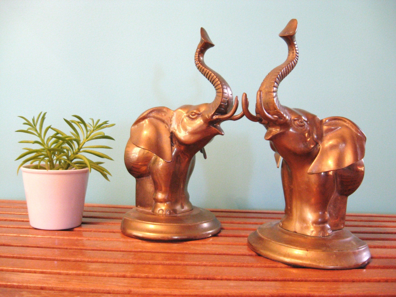60s Pair of Antiqued BRASS Raised Trunk ELEPHANT BOOKENDS