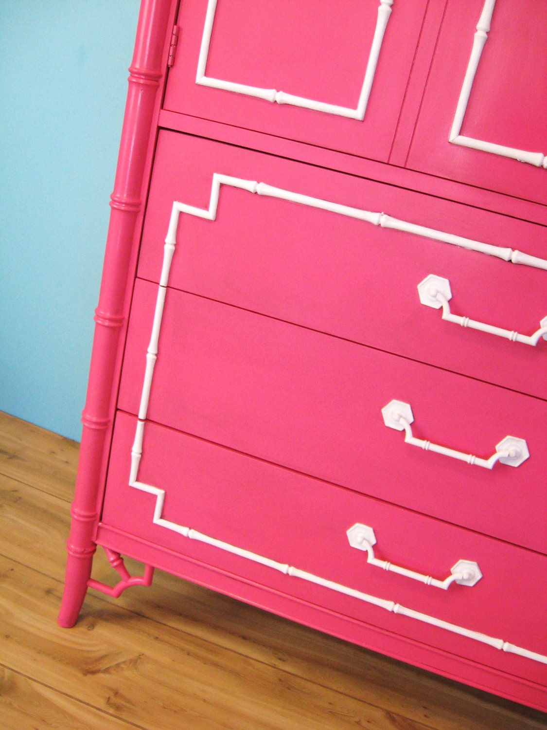 Vintage HOLLYWOOD REGENCY Hot Pink Faux BAMBOO Chest Dresser