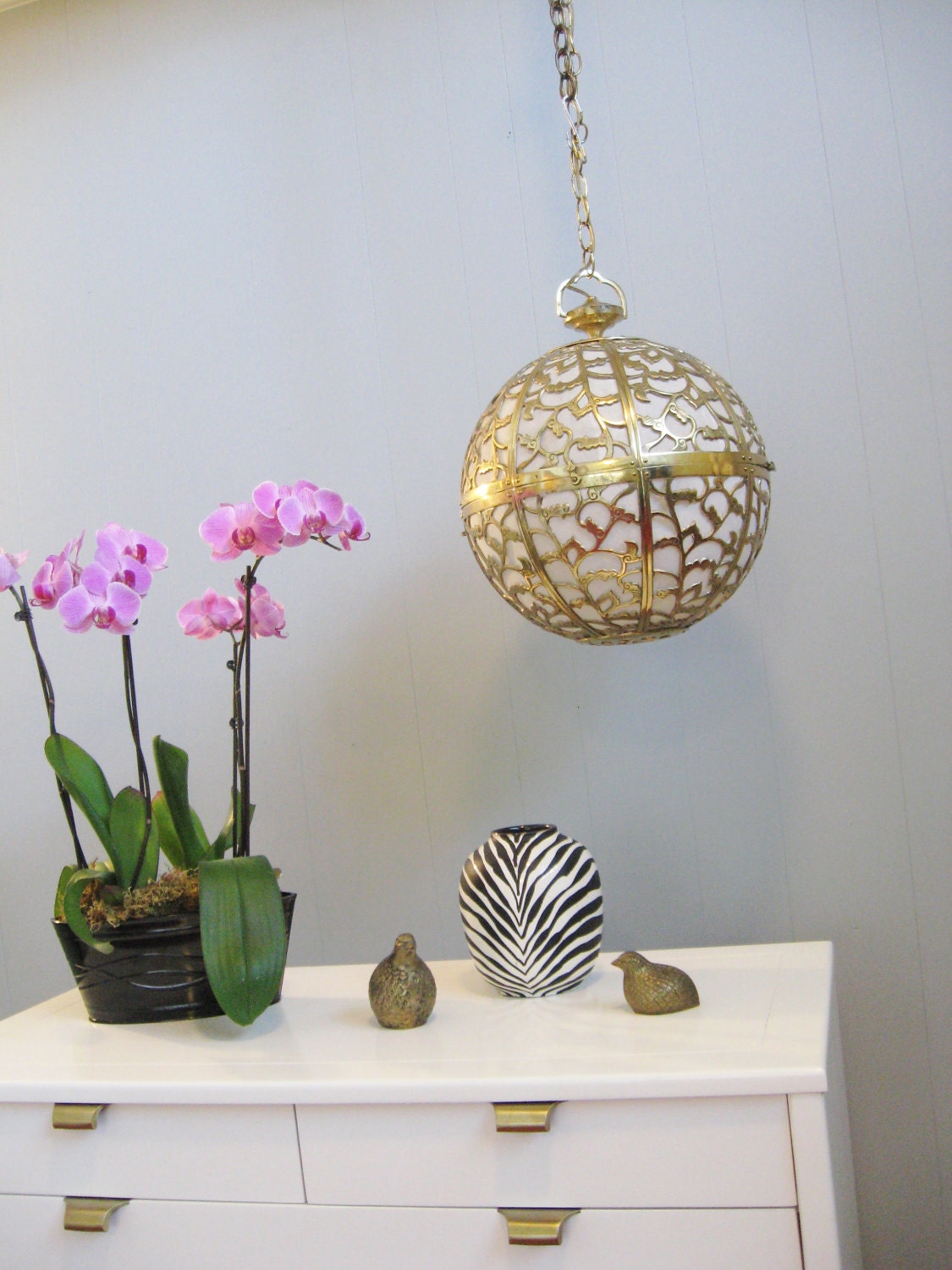 Vintage HOLLYWOOD REGENCY Pierced BRASS Orb Hanging Lamp