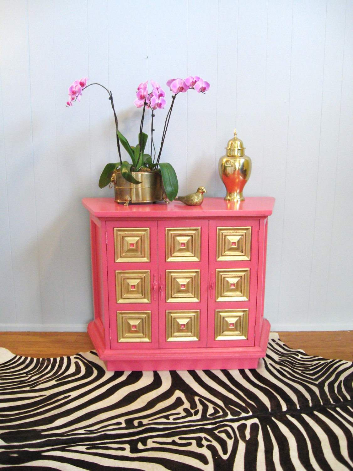 Vintage HOLLYWOOD REGENCY Hot Pink Gold Leaf CREDENZA Cabinet