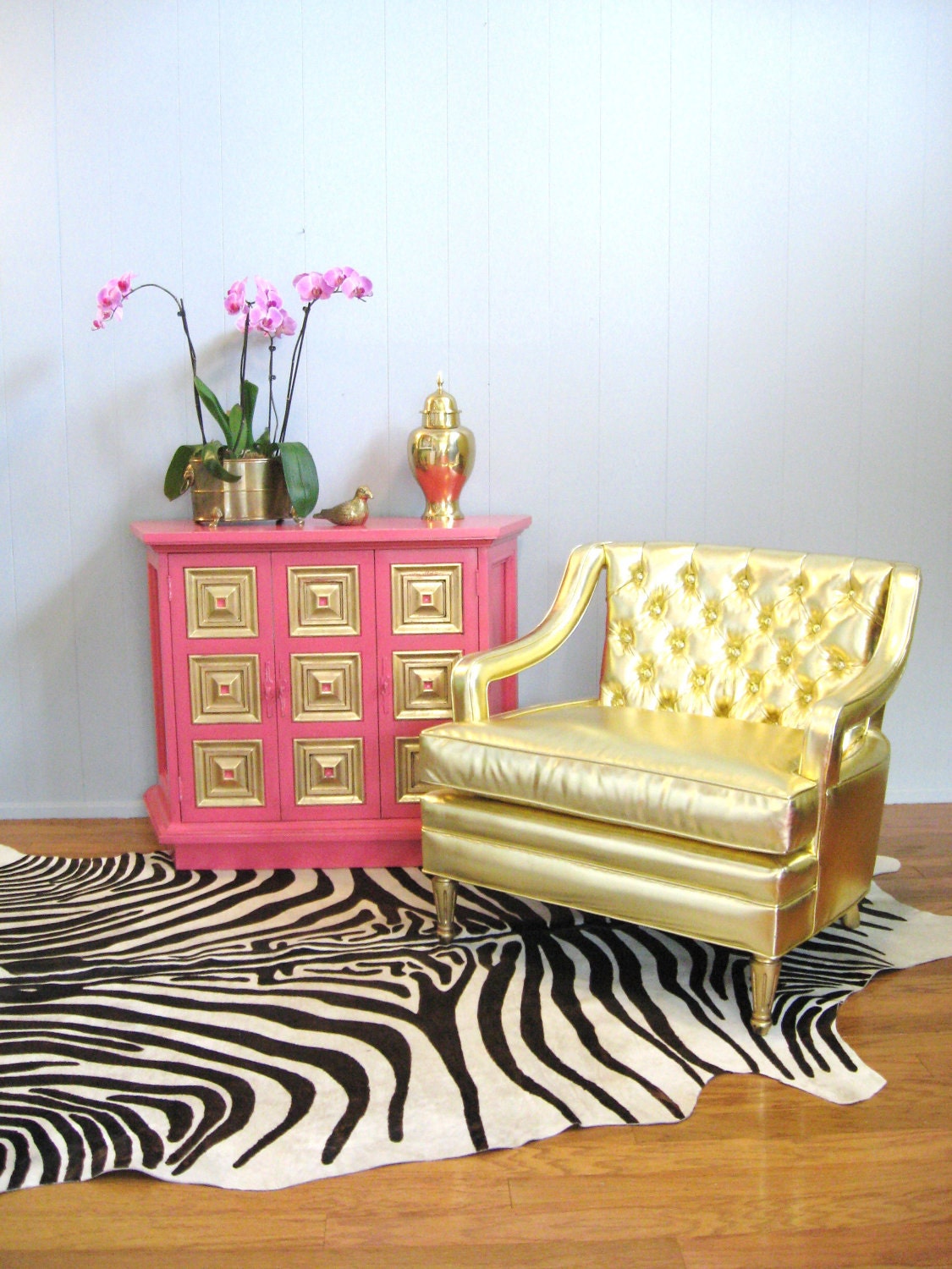 Vintage HOLLYWOOD REGENCY Hot Pink Gold Leaf CREDENZA Cabinet