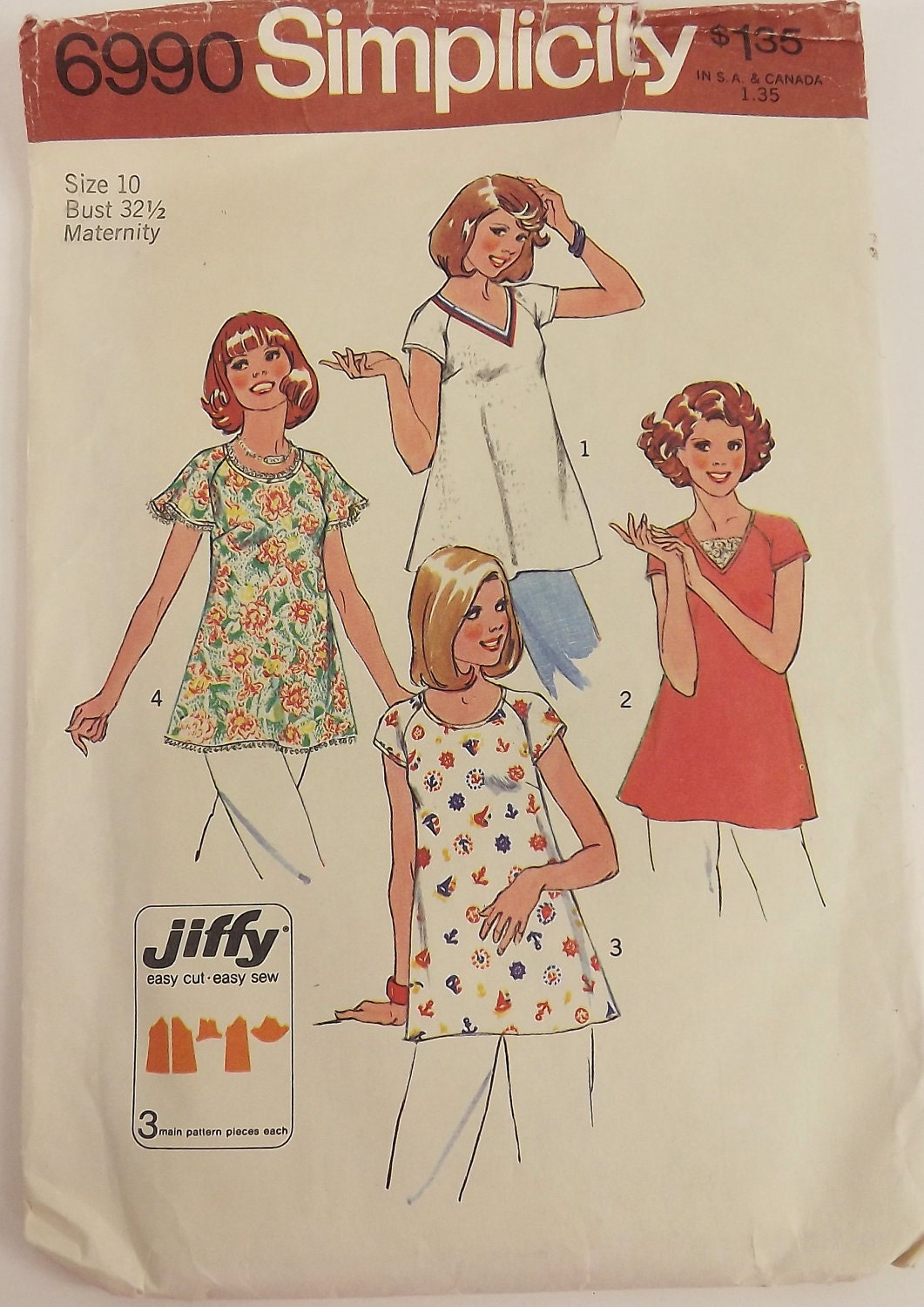 Vintage 70s Sewing Pattern, Maternity Blouse/Tops, Size 10, Bust 32 1/2, Jiffy