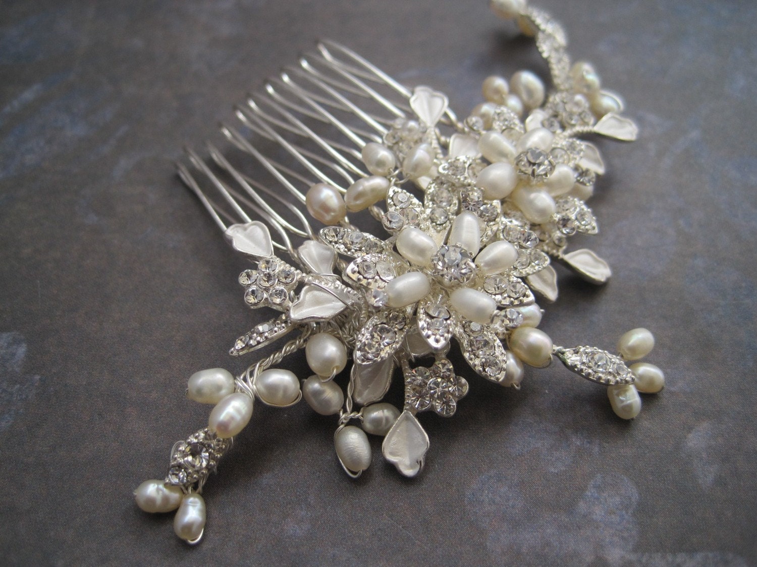 Bridal silver wire wrapped pearl rhinestone flower hair comb
