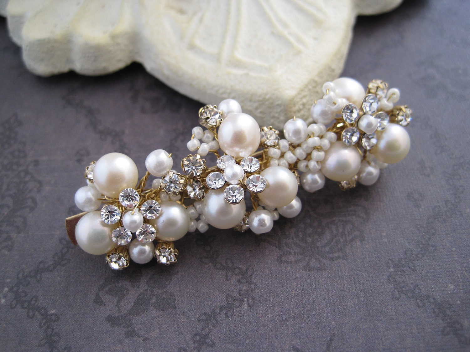 Bridal Barrette gold pearl and rhinestone wire wrapped bridal hair clip