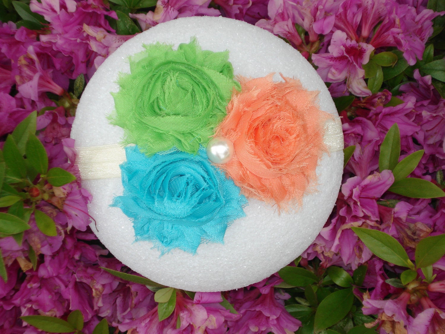 15% off aqua lime peach shabby rosette flower trio headband newborn, baby toddler teen girl adult   Birthday  photos