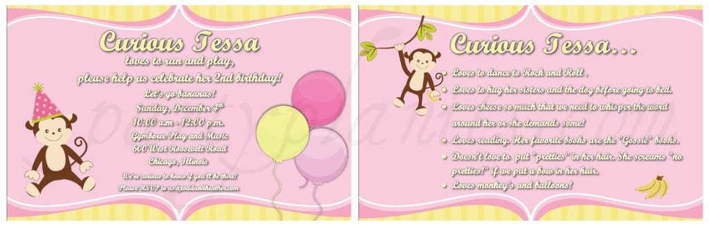 Set of 10 Curious Monkey Birthday Party Invitations Custom Il_170x135