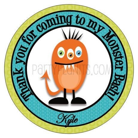 Set of 24 Small Round Monster Birthday Party Stickers Favor Tags Il_570xn