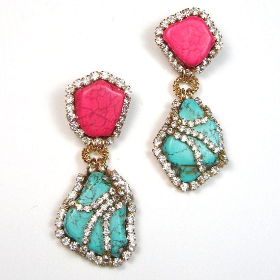 Statement earrings turquoise blue and pink crystal embellished earrings
