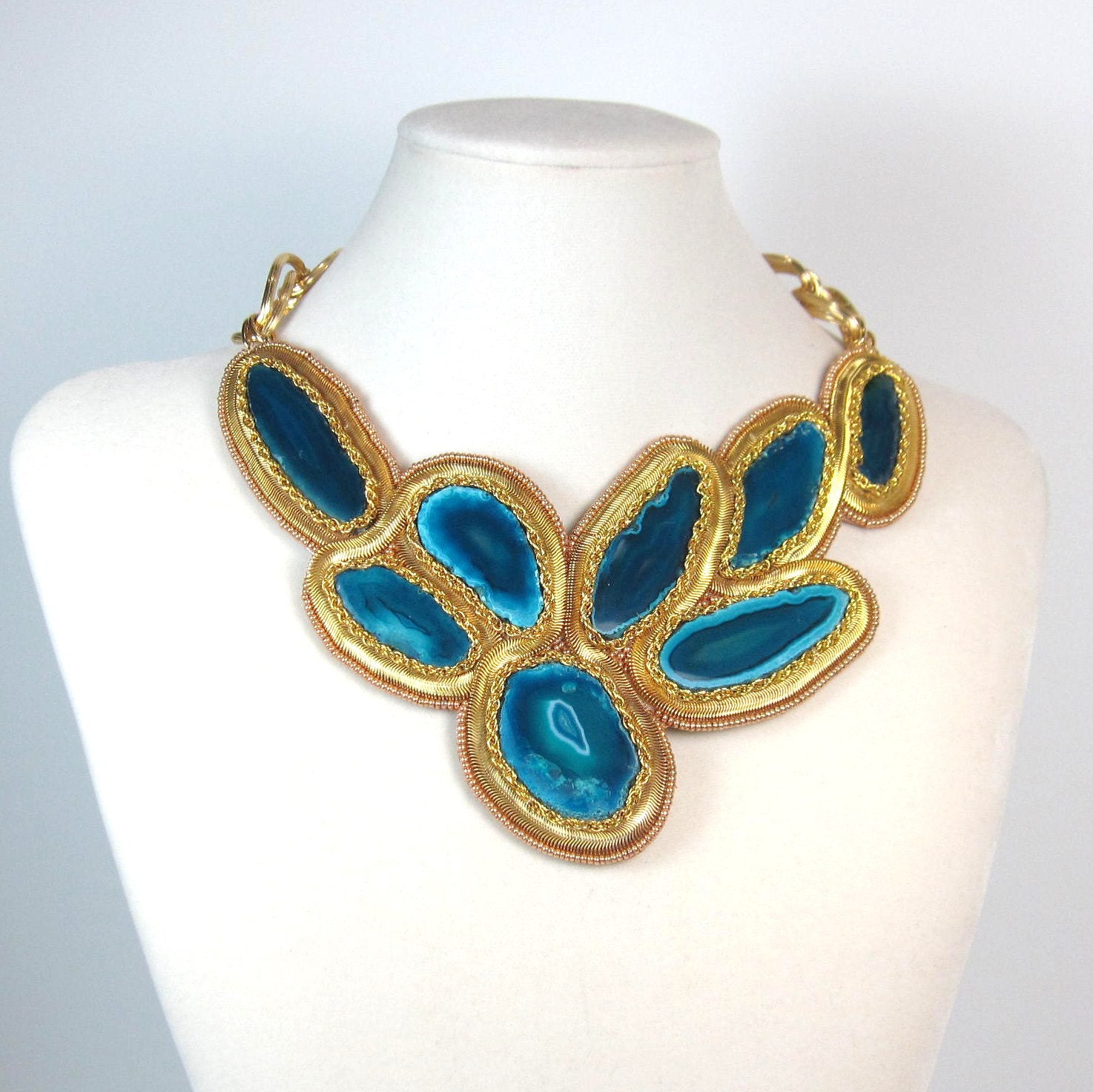 Statement Necklace blue green jewelry geode gold statement collar necklace