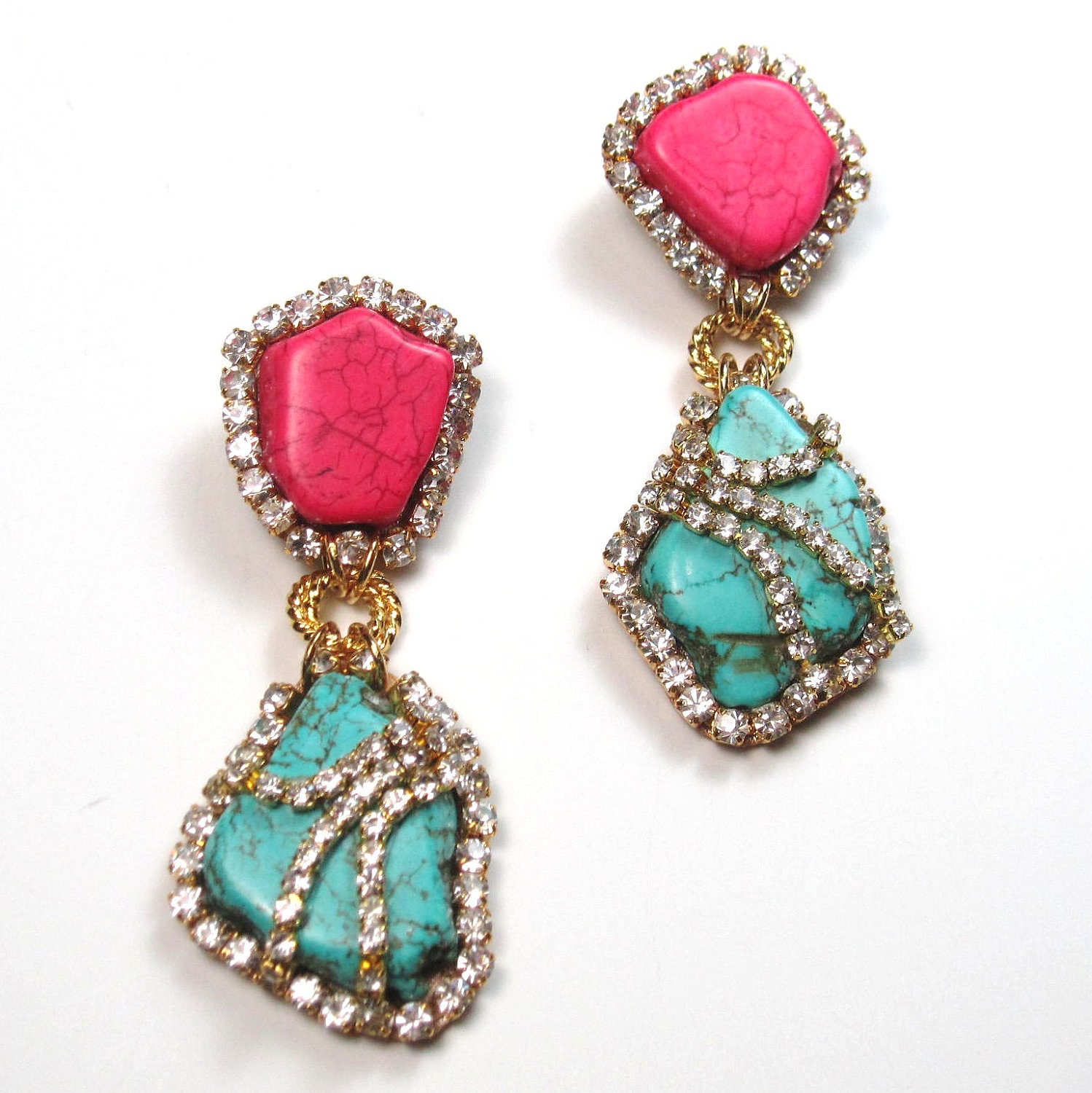 Statement earrings turquoise blue and pink crystal embellished earrings