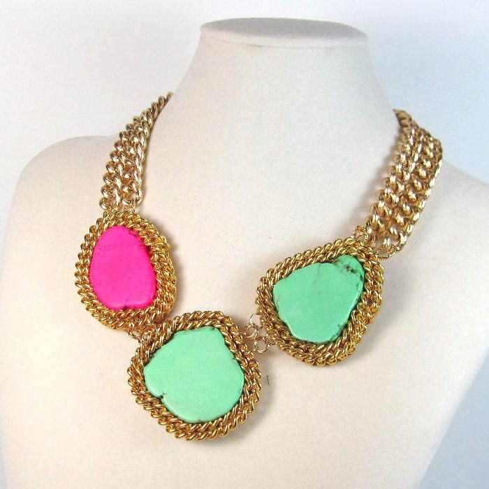 Statement necklace colorblock turquoise pink and green turquoise and gold chain statement necklace