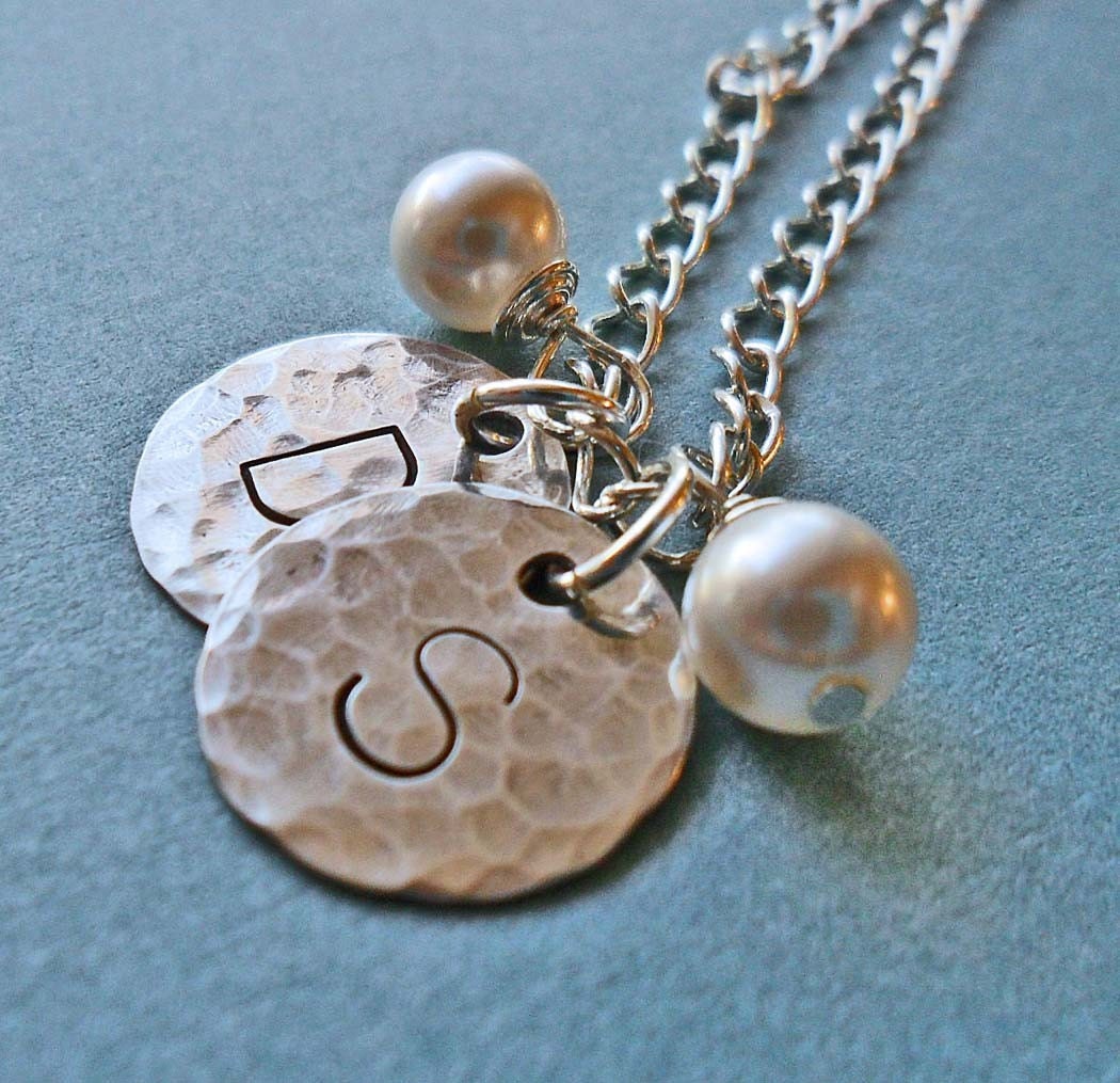 Personalized Two Initial Necklace with Birthstone - Custom Hand Stamped Pendants - S 21