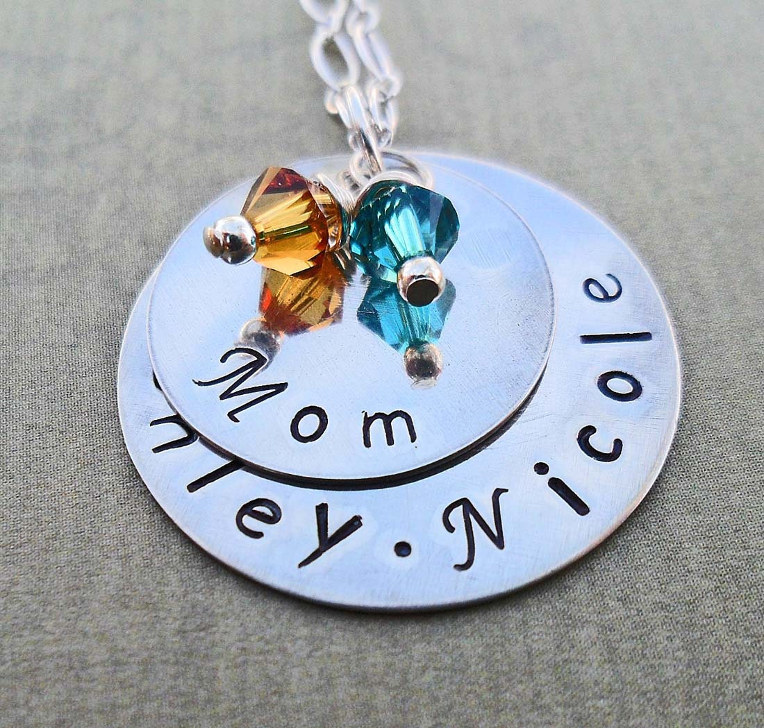 Personalized Mom Neckace - Custom 2 Name Necklace - Hand Stamped Names with Birthstones-  S 52
