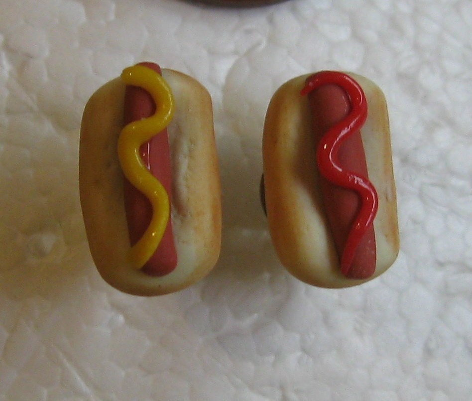 Hot Dog Earrings, Studs, Mustard and Ketchup, Nickel Free