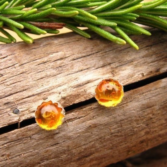 Baltic Amber Stud Earrings, Sterling Silver and Genuine Gemstones, 6mm